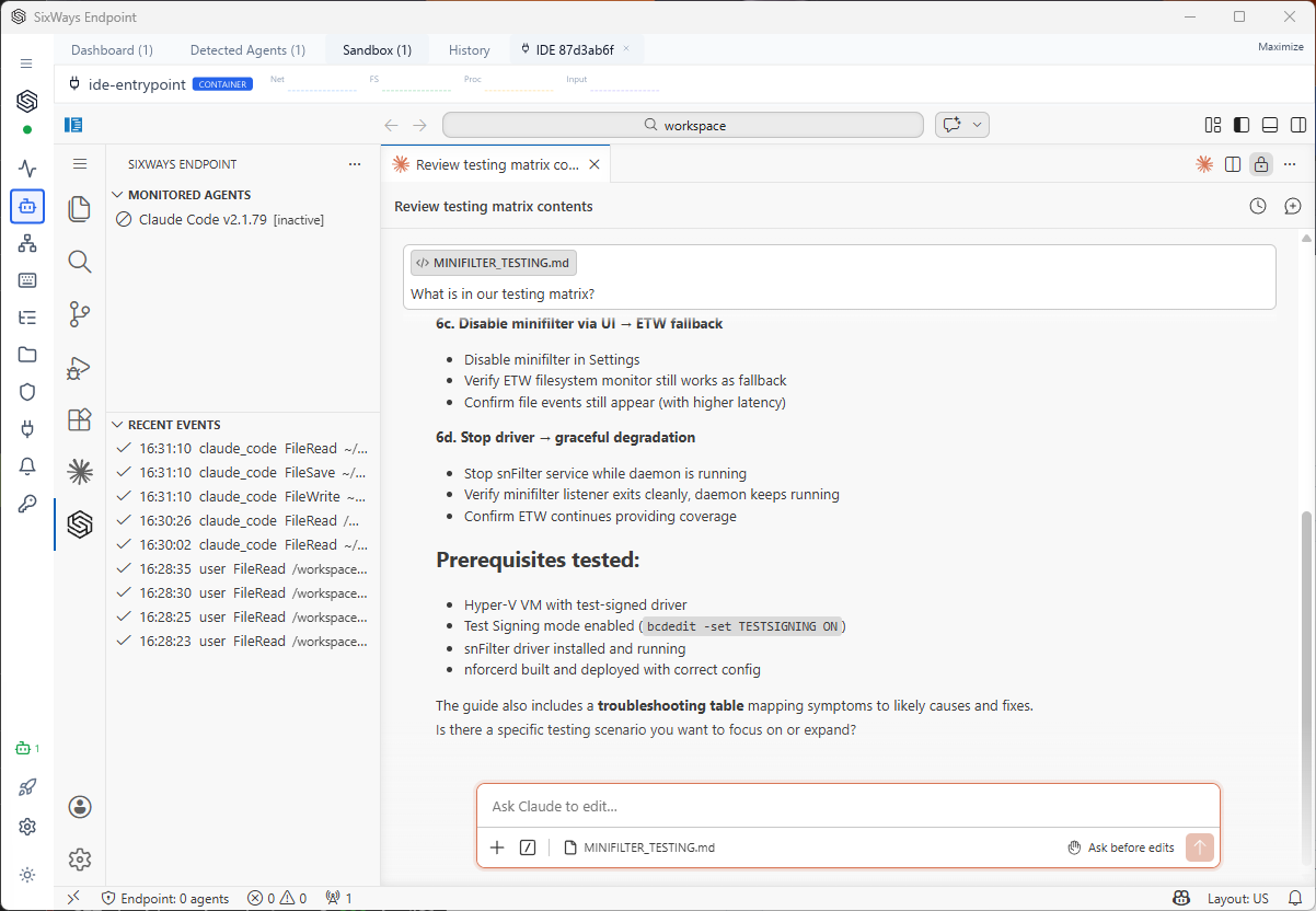 SixWays Endpoint desktop application monitoring AI agents and file system events