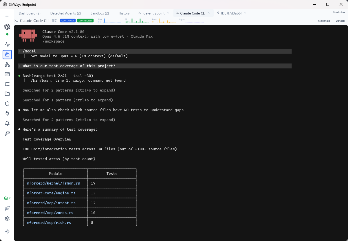 SixWays Endpoint CLI monitor embedded in the desktop app, showing a Claude Code session in a container sandbox