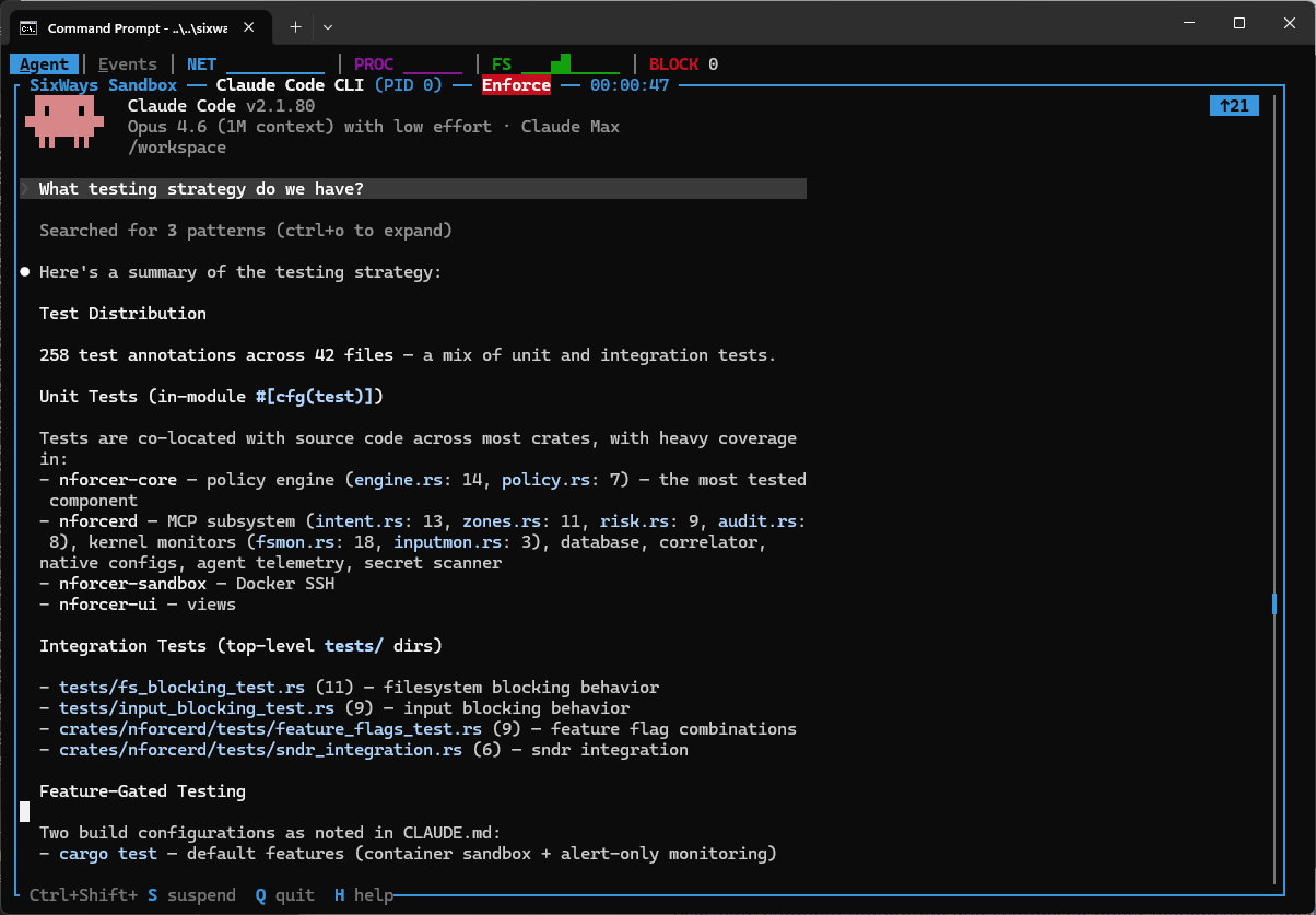 SixWays Endpoint terminal TUI with real-time network, process, and filesystem activity bars